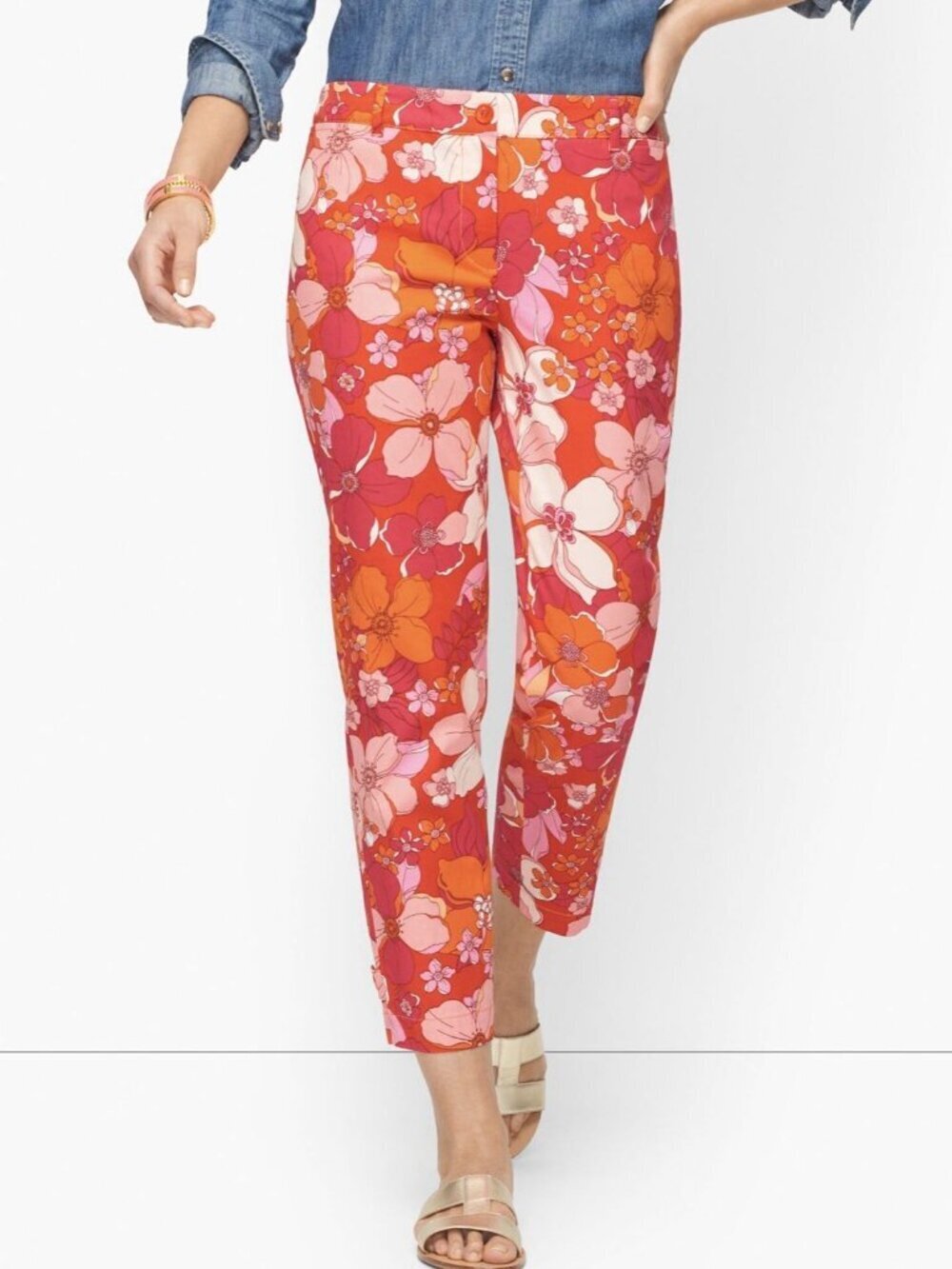 Talbots Perfect Crop Pants Womens 12P Petite Pink Orange Floral Flowers Chino - Picture 2 of 11